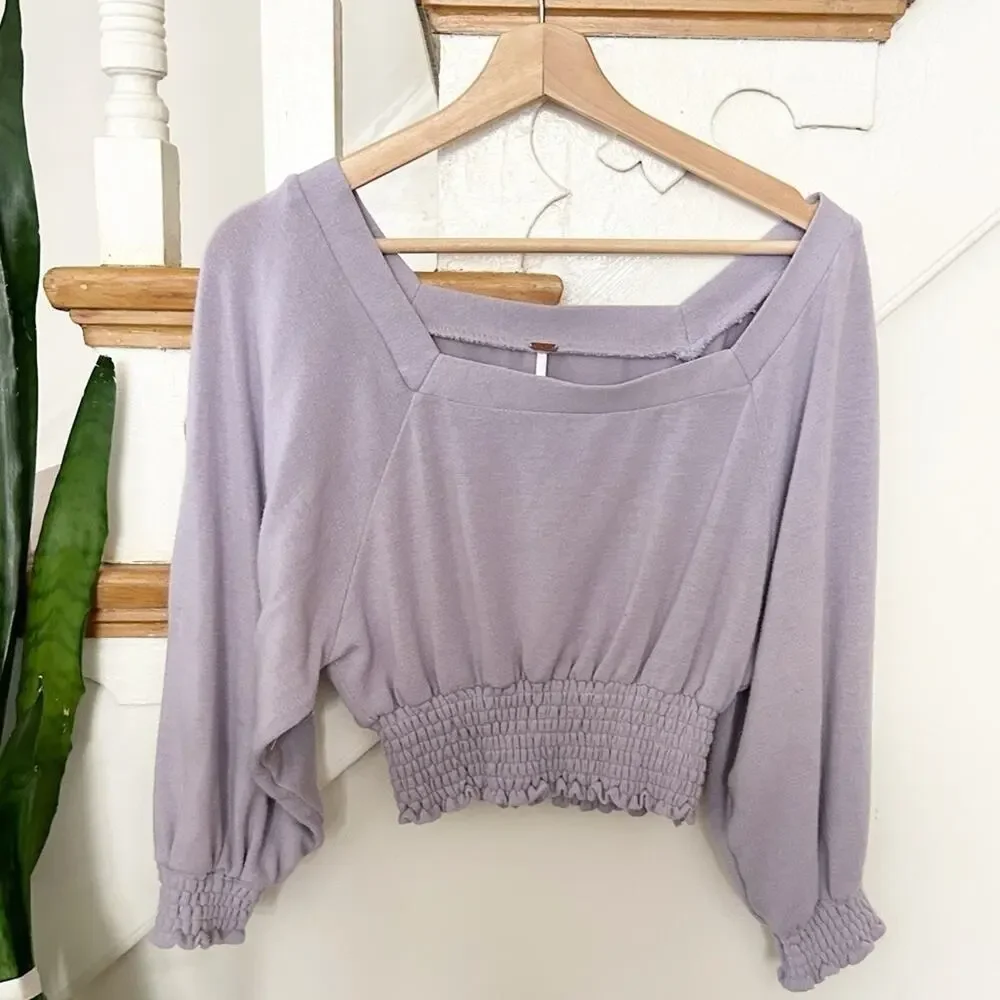 Free People Lavender Square Neck Soft Knit Smocked Cropped Golden Tee Size XS